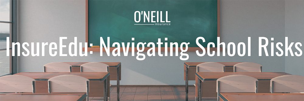 Blog - InsureEd - Navigating School Risk Text Over Image of a School Room with Chalk Board
